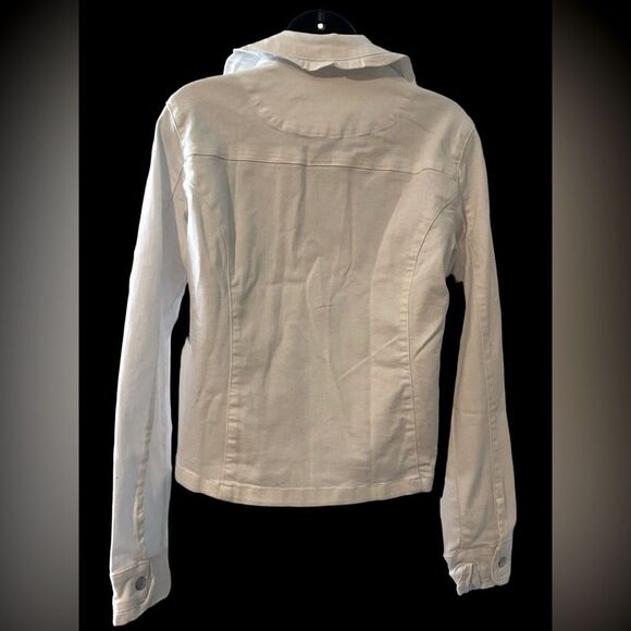 Kate & Mallory white twill ruffle trim fitted moto jacket casual  NWOT size S - Picture 6 of 9